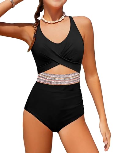Girls Swimsuit Criss Cross Cutout One Piece Bathing Suit Color Block V Neck Back Tie Swimwear 9-16Y
