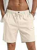 PLEPAN Mens Casual Linen Shorts - 7 inch Summer Beach Elastic Waist Drawstring Short Beige Large