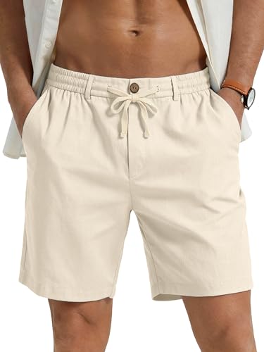 PLEPAN Mens Casual Linen Shorts - 7 inch Summer Beach Elastic Waist Drawstring Short Beige Large