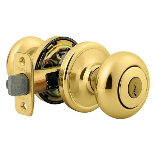 Image of Kwikset Hancock Privacy Door Knob with SmartKey Security, Keyed Entry, Polished Brass, for Bedroom and Bathroom