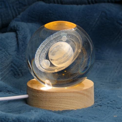 Image of 3D Solar System Crystal Ball Night Light Dimmable Warm White Night Lights Wooden Base Fantasy Decoration Crsytal Ball Nightlight - Led