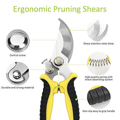Garden Tools Set - 6 Piece Cast-Aluminum Heavy Duty Gardening Hand Tool Kit Includes Hand Trowel, Hand Rake, Transplanter, Pruner, Pruning Shears, Gardening Gloves with Sturdy Handles, Garden Gifts