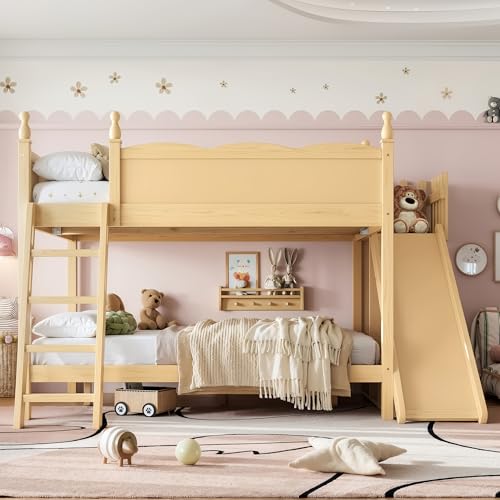 Image of Bellemave Bunk beds Full Over Full with Slide and Stair, Low bunk /loft Bed for Kids,Natural