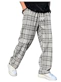 OYOANGLE Men's Plaid Straight Leg Pants Drawstring Waist Straight Leg Casual Trousers with Pockets Grey Large