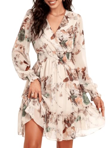 Image of Prettywear Women's Chiffon Long Sleeve Wrap Neck Wedding Guest Mini Dress | Wrap V Neck Smocked Waist Flowy Dress, Spring Fall Outfits for Cocktail, Vacation, Date Night Party