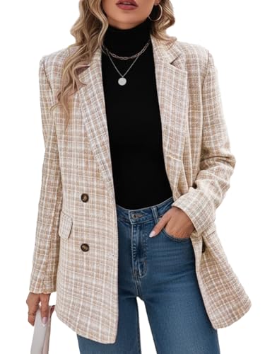 Plaid Blazer Jacket for Women 2024 Winter Long Tan Khaki