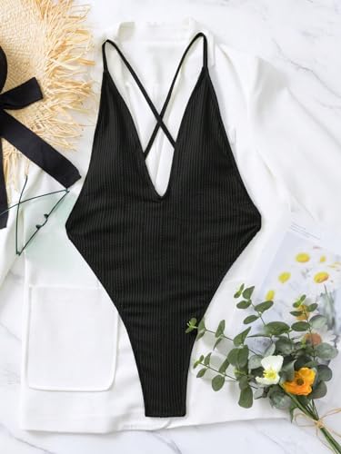 OYOANGLE Women's One Piece Swimsuit Criss Cross Backless Deep V Neck Spaghetti Straps High Cut Swimwear3