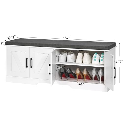 Farmhouse Shoe Storage Bench with 4 Barn Doors & Padded Seat Cushion