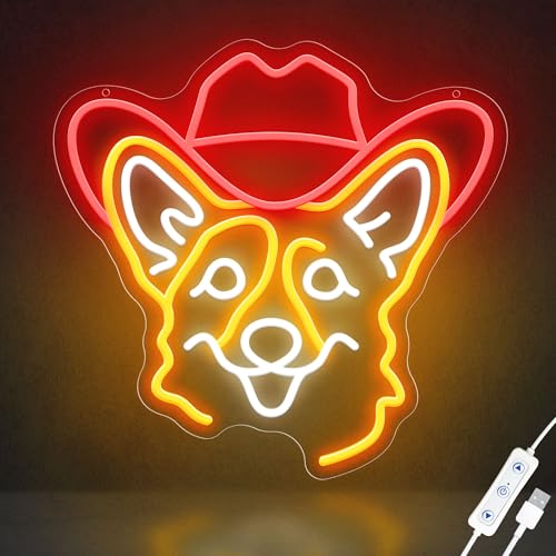 Image of Corgi Neon Signs for Wall Decor, Cute Dog Neon Sign Dimmable Cowboy Hat Neon Light Sign for Pet Shop Bedroom Party Decor, Animal LED Light Up Sign for Birthday Gifts Boys Girls