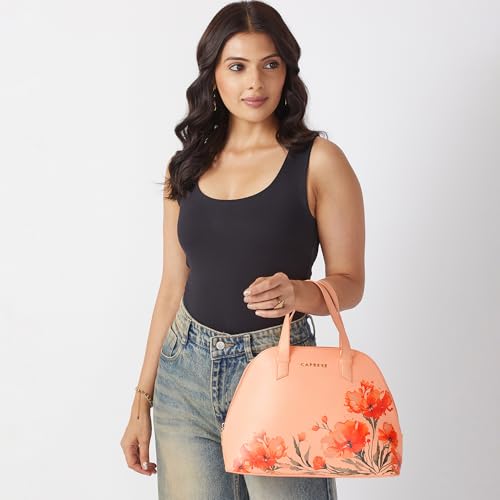 Image of Caprese Chloe Medium Floral Print Satchel Bag for Women with Adjustable & Detachable Strap -Versatile Shoulder Handheld Bag for Work, Travel, Everyday Use with Multiple Compartments (Orange)