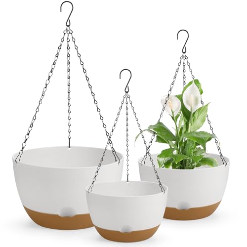 Dovesail 12/10/8 Inch Hanging Planter, Hanging Plastic Plant Self Watering Pot with Drainage Holes and Saucers, Hanging Baskets Flower Pots for Indoor Outdoor Garden Plants and Flowers,Set of 3-White