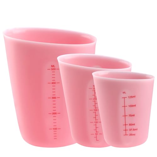 ZIJANG 3 Pièces Verre Doseur Silicone, Verre Doseur Cuisine Antiadhésif avec 2 échelles, Tasses en Silicone pour Résine Rose 125/250/500 ml, Adaptés aux Travaux Manuels, Laboratoire, Cuisine