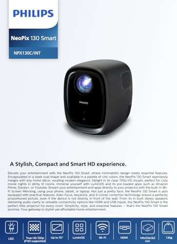 Philips, Neopix 130, Vidéoprojecteur Home cinéma, Correction d'image avancée, Full HD 720p, Source Lumineuse LED avancée, Mode Miroir Wi-FI, Son Stéréo, Syst�ème d'exploitation connecté, Noir