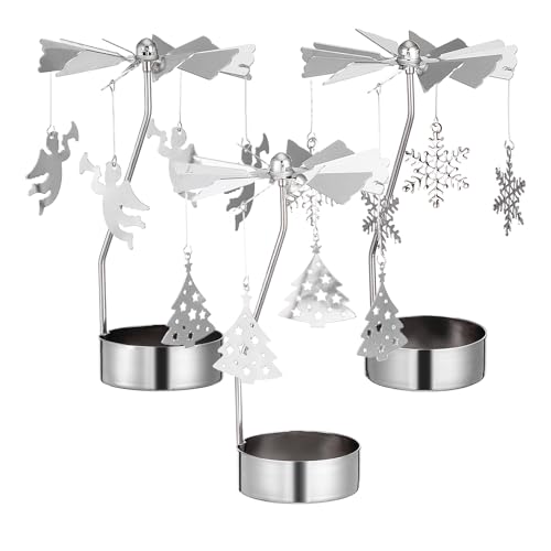 Mobestech 3pcs Christmas Tea Light Holder Metal Snowflake Rotating Candlestick Spinning Angels Tea Lights Candle Votive Candle Holder Set for Christmas Wedding