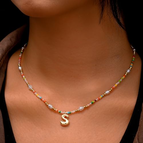 Ritach Initial Necklaces for Women Girls - Light Colorful Beaded Pearl Initial Necklace Real Gold Plated Bubble Pendant Letter Necklaces for Women Teen Girl Gifts Trendy Stuff3