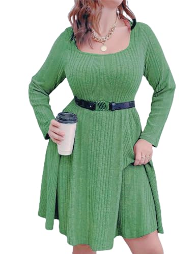 Image of Women's Plus Size Casual Sweater Dress Square Neck Long Lantern Sleeve Tie Waist Loose Pullover Sweater Dresses