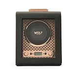 Wolf Axis Single Watch Winder with Glass Cover, Copper - Secure Fit with Patented Lock-in Dynamic Cuff - Accommodates All Wrist Sizes - Vegan Leather - Includes Universal Adapter