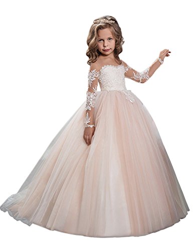 Portsvy Tulle Lace Long Sleeve Flower Girl Dresses For Weddings Special Occasion Gowns Formal Wear FB03 (9, Champagne)