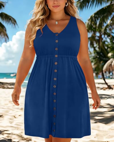 Image of Holipick Women's Plus Size Summer Dresses for Women Casual Dress with Pockets A-Line Swing Button Down Sleeveless V Neck