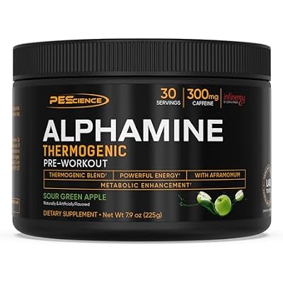PEScience Alphamine Thermogenic Pre-Workout, Fat Burning PreWorkout Energy Powder with L-Carnitine - Sour Green Apple, 60 Scoops