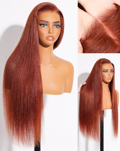 Image of Arabella Reddish Brown 5x6 HD Lace Wear and Go Glueless Wigs Human Hair Pre Plucked Pre Cut Auburn Stragiht Color Lace Front Wigs Human Hair 12A 230% Density Bleached Tiny Knots 26 inch