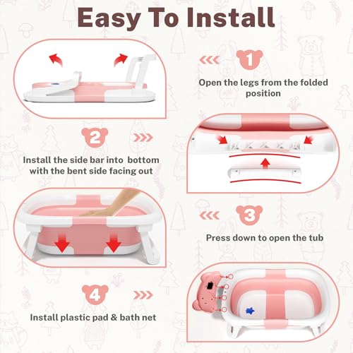 Image of AVIDOR Baby Bathtub,Collapsible Bathtub for Newborn to Toddler,Durable Essential Infant Bath Tub,Portable Travel Baby Tub with Soft Cushion,No-Slip Hanging and Detachable(Pink)
