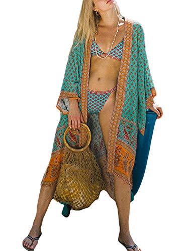 Bsubseach Long Kimono for Women Beach Cover Up with Belt Long Sleeve Print Bathing Suit Cardigan