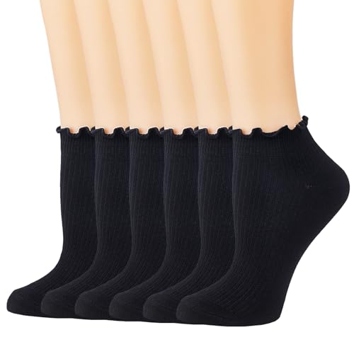 Image of Mcool Mary Womens Ankle Ruffle Socks Casual Cotton Frilly Breathable Cute Knit Lettuce Trim No Show Socks 6 Pack