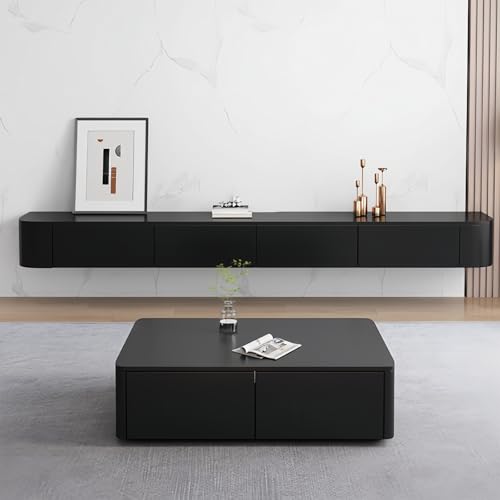 Floating TV Stand For 85 Inch TV, Modern TV Console With Storage Cabinets and Flip down doors, Suspended Entertainment Center TV Stand for Living Room Bedroom Farmhouse (Black, 94.5x9.5x7.9 IN)