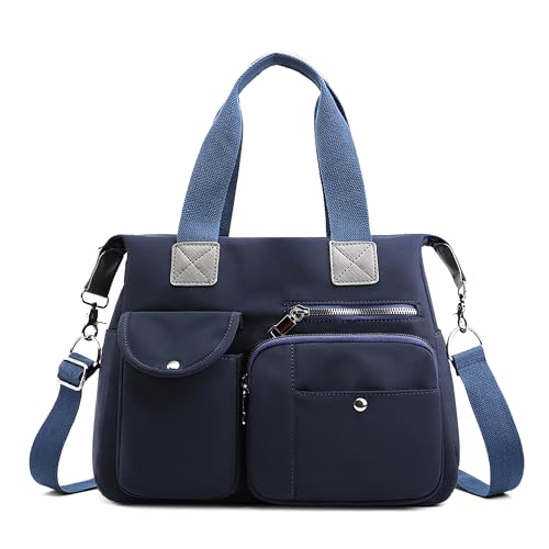 DIRRONA Bolso Bandolera Mujer Bolso Casual Tote Bag Mujer Grande Nylon Multibolsillos Bolso Mujer – Asas Dobles Cómodas Duradero Impermeable para Viaje Ciudad Compras Azul Marino