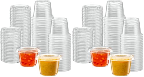 Image of ELEGANT DISPOSABLES (1 oz - 100 Sets Clear Diposable Plastic Portion Cups With Lids, Small Mini Containers For Portion Controll, Jello Shots, Meal Prep, Sauce Cups, Slime, Condiments, (Pack of 2)