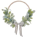 Wood Bead Lambs Ear Wreath - 13 Inch Artificial Greenery Leaf Wreaths Boho Wall Hanging Decoration for Spring Summer Modern Natural Home Farmhouse Porch Indoor Outdoor Wedding Decor
