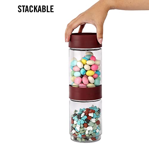 CELLO Modustack Glassy Storage Jar Set of 3 (750 ml x 3), Maroon | Glass Jar with Lid | Stackable | For Grains, Pulses, Spice, Cereals, Cookies, Dry Fruits | Fridge Storage Container