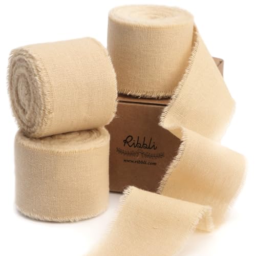 Ribbli 3 Rolls Nude Ribbon 1.5 Inch x 18Yards Beige Handmade Cotton Frayed Fringe Ribbons for Gift Wrapping Wedding Invites Bridal Bouquets Baby Shower DIY Crafts Home Decor