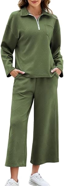 AGSEEM Lounge Sets for Women, Women's 2 Piece Outfits Long Sleeve 1/4 Zip Pullover Cropped Pants 2PC Outfit Comfy Sweatsuits