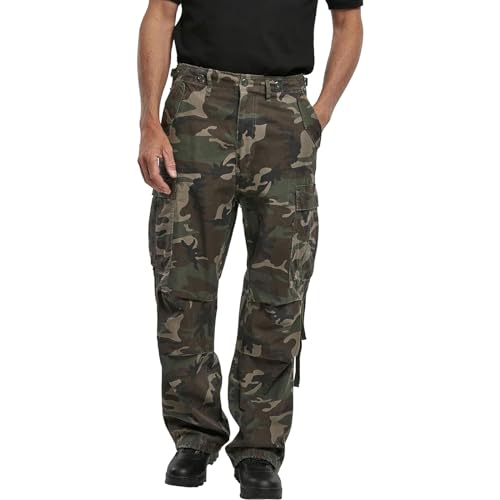 Brandit Individual Wear Men's M65 Cotton Loose-Fit Vintage Washed Look Multi Pocket Casual Cargo Pants with Drawstring Legs, Woodland, Medium