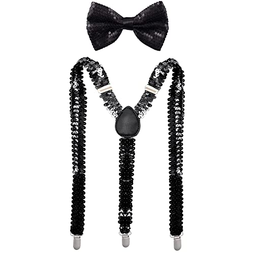 Man of Men - Premium Sequin Bow Tie & Suspenders Set, Black, One size