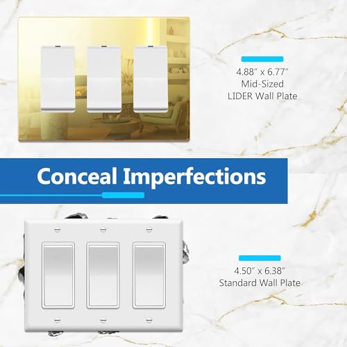 Image of LIDER Triple Decorator Wall Plate, Impact Resistant, Plexiglass, Reflective Finish, Modern Upgrade, Screwless Light Switch /Outlet Cover, Mid-Size 3-Gang 4.88 inch x 6.77 inch, Acrylic, Mirror Glass Gold