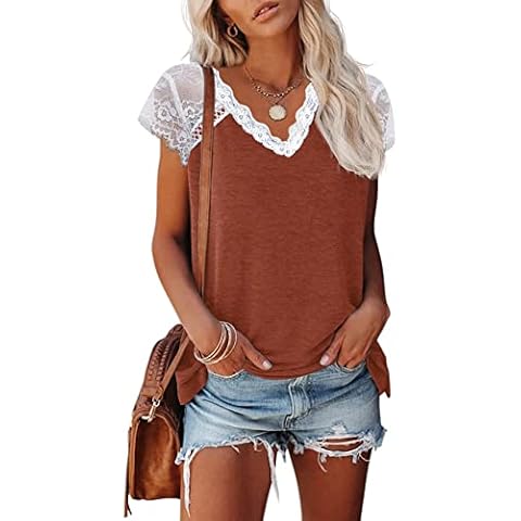 Kinlonsair Camiseta de Encaje para Mujer con Cuello en V y Manga Corta Cover