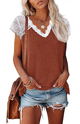 KINLONSAIR Women's Crochet Lace Basic V-Neck T-Shirts Short Sleeve Loose Fitting Tunic Tank Tops2