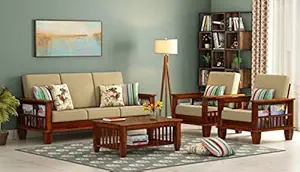 Furniture Plaza - Solid Sheesham Wood Sofa Set 5 Seater for Living Room | Termite Free | Wooden Sofa Set Furniture Sofa 5 Seater Living Room Home | Sofa Set (Honey, Beige Cushion)