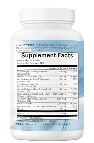 Image of Micro Ingredients Pure Methylated B Complex, 240 Capsules | 11-in-1 Formula with Methylfolate, B12, Thiamin, Inositol, Choline, & Fat Soluble Vitamin C | Clean Ingredients Without Fillers | Non-GMO