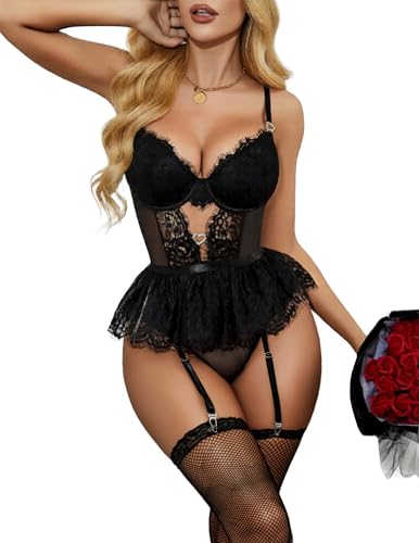 Image of Alrovetoney Women Lingerie Set Naughty Lace Bodysuit High Waisted Underwire Lingerie Babydoll With Garter Belt and Stockings
