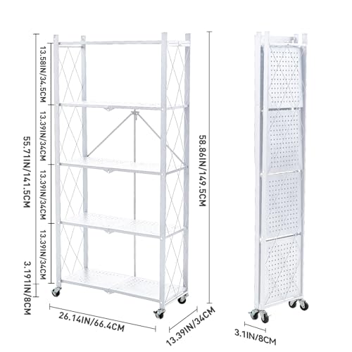 Image of BRIAN & DANY 5-Tier Foldable Storage Shelves with Wheels, Folding Metal Rack Shelving Unit, Heavy Duty No Assembly Organizer Shelf for Garage, Kitchen, Basement, Pantry, White