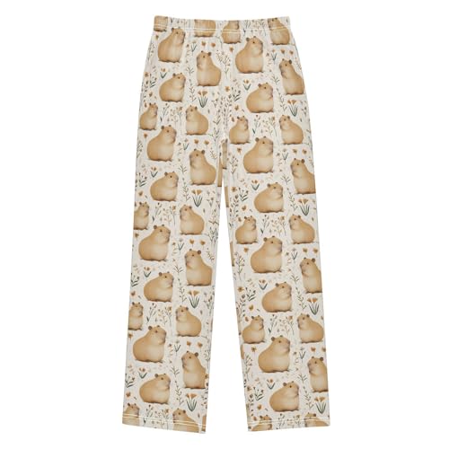 Boys' Pants Brown Capybaras Floral Long Bottoms Jogger Pants Elastic Waist Trousers with Pockets S-XL