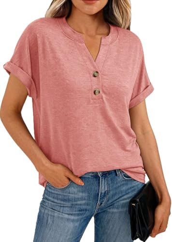 Fololy Damen Shirts Sommer V-Ausschnitt Bluse Kurzarm Baumwolle Oberteile elegant Tops
