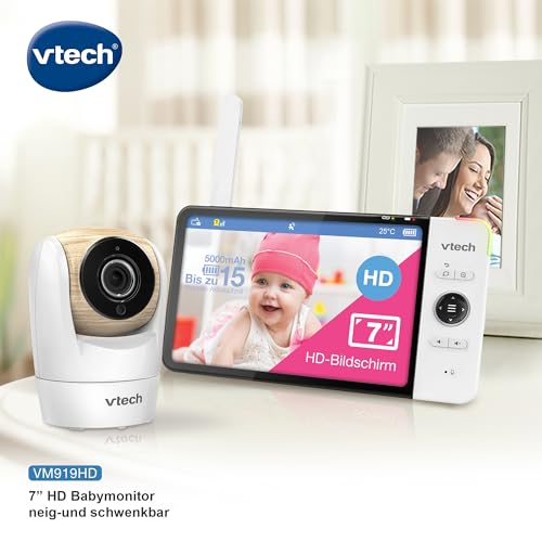 Vtech VM919 monitor HD dla niemowląt – monitor wideo dla niemowląt z kamerą szerokokątną – widok panoramiczny 360°, wideo HD, czysty dźwięk, kolorowy ekran LCD o przekątnej 7 cali z funkcją Night