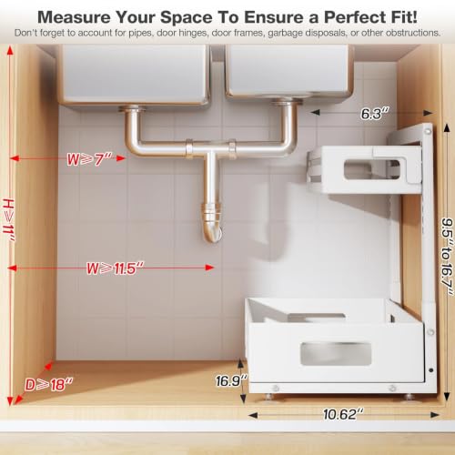 Image of 2 Pack 17IN-Depth Under Sink Organizer,Pull Out Cabinet Organizer With Smooth Cylindrical Rail,Metal Slide Out Drawer for Kitchen Bathroom Laundry,8-Level Tool Free Height Adjustable-White