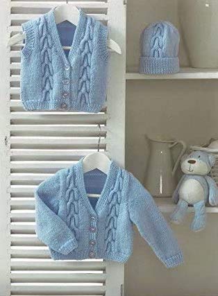 Ukhka Multicoloured Baby Cardigan, Waistcoat & Hat Knitting Pattern No 99 Dk - Each