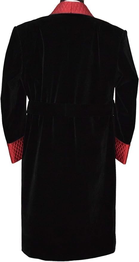 Men’s Black Velvet Smoking Robe with Red Quilted Satin Shawl Lapel – Luxury Vintage Dinner Jacket4
